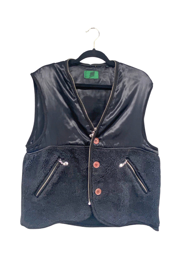 Jean Paul Gaultier Black Satin and Black Fuzzy Shearling Vest with Zipper Detailing at Collar
