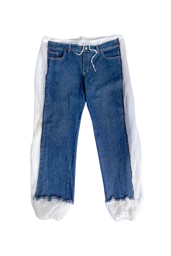 Jean Paul Gaultier Blue White Mesh Net Denim Pants Famous Spring Summer 1994 Goa Tattoo Collection