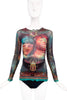 Jean Paul Gaultier Multicolor Sheer Mesh Long Sleeve "Tattoo" Print Top