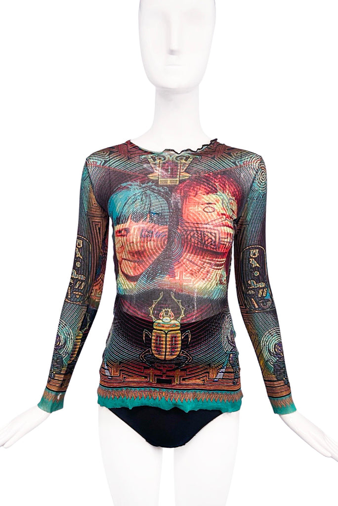 Jean Paul Gaultier Multicolor Sheer Mesh Long Sleeve "Tattoo" Print Top