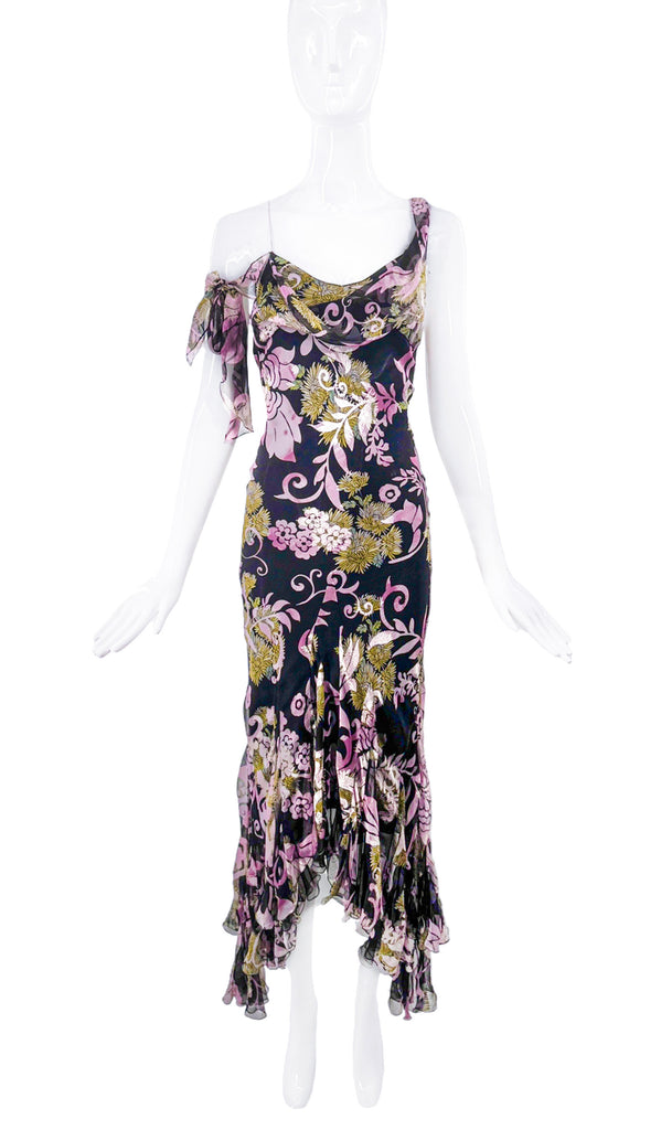 Christian Dior by John Galliano Multi Color Floral Print Off the Shoulder Bias Cut Dress Gown