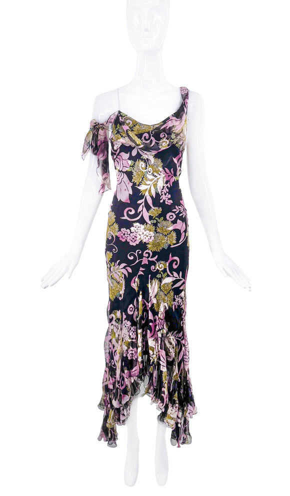 Christian Dior by John Galliano Multi Color Floral Print Off the Shoulder Bias Cut Dress Gown