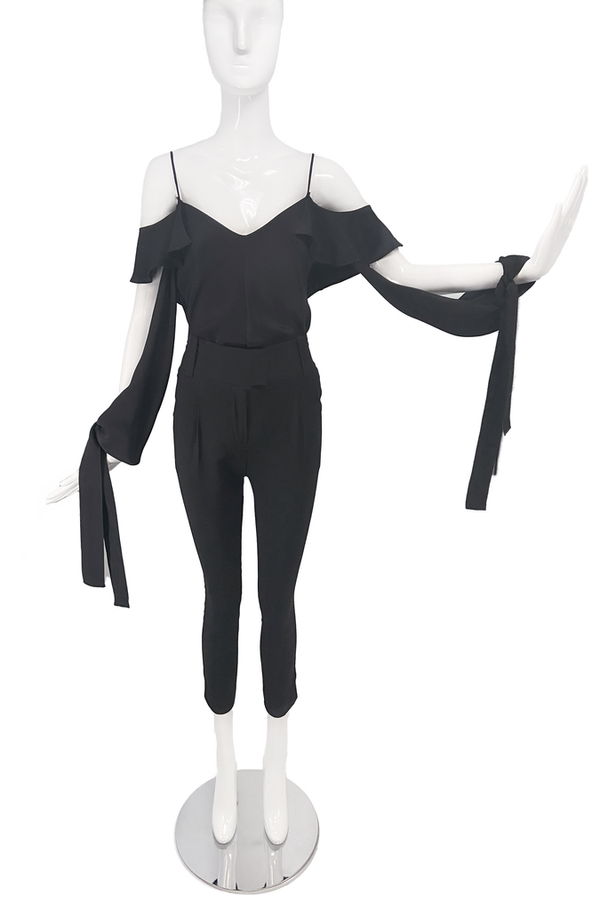 Juan Carlos Obando Black Silk Cold Shoulder Cut Out Ruffle Wrist Tie Amalfi Top