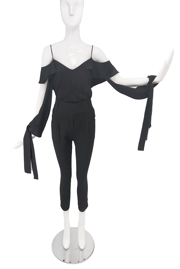 Juan Carlos Obando Black Silk Cold Shoulder Cut Out Ruffle Wrist Tie Amalfi Top