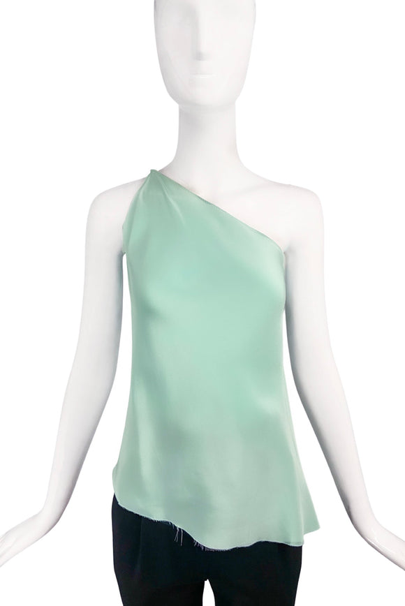 Juan Carlos Obando Mint Green Shine Silk Satin One Shoulder Top