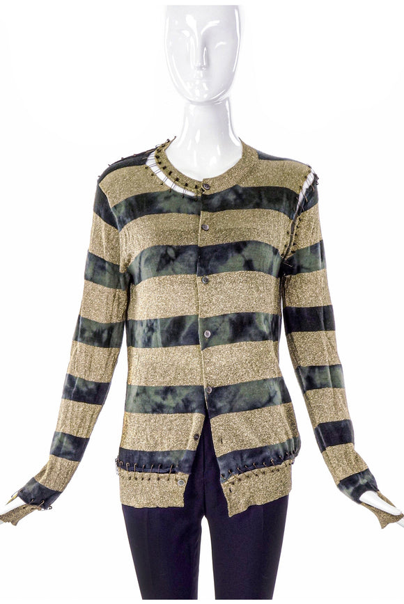 Junya Watanabe Gold Lurex and Tie-dye Green Stripe Cardigan with Antique Gold Safety Pin Details
