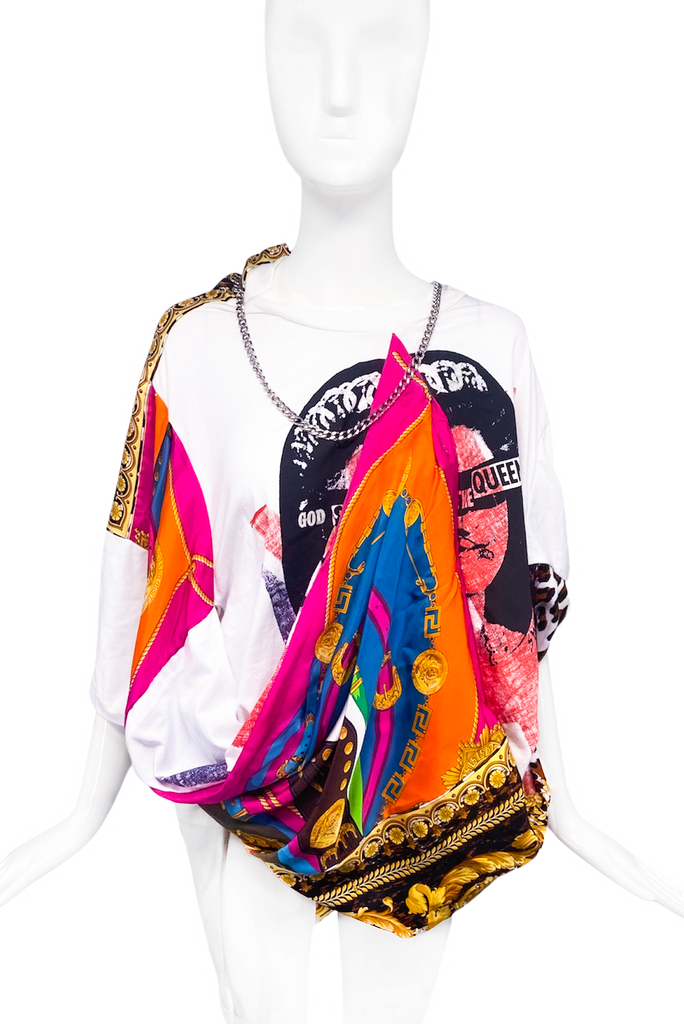 Junya Watanabe Multicolor Print Silk Scarf "God Save The Queen" T-shirt Top Runway Fall 2021