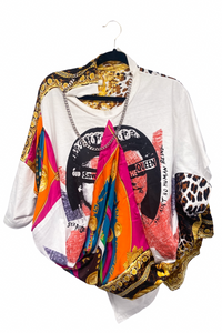Junya Watanabe Multicolor Print Silk Scarf "God Save the Queen Deconstructed T-Shirt with Silver Chain Detail FW2021