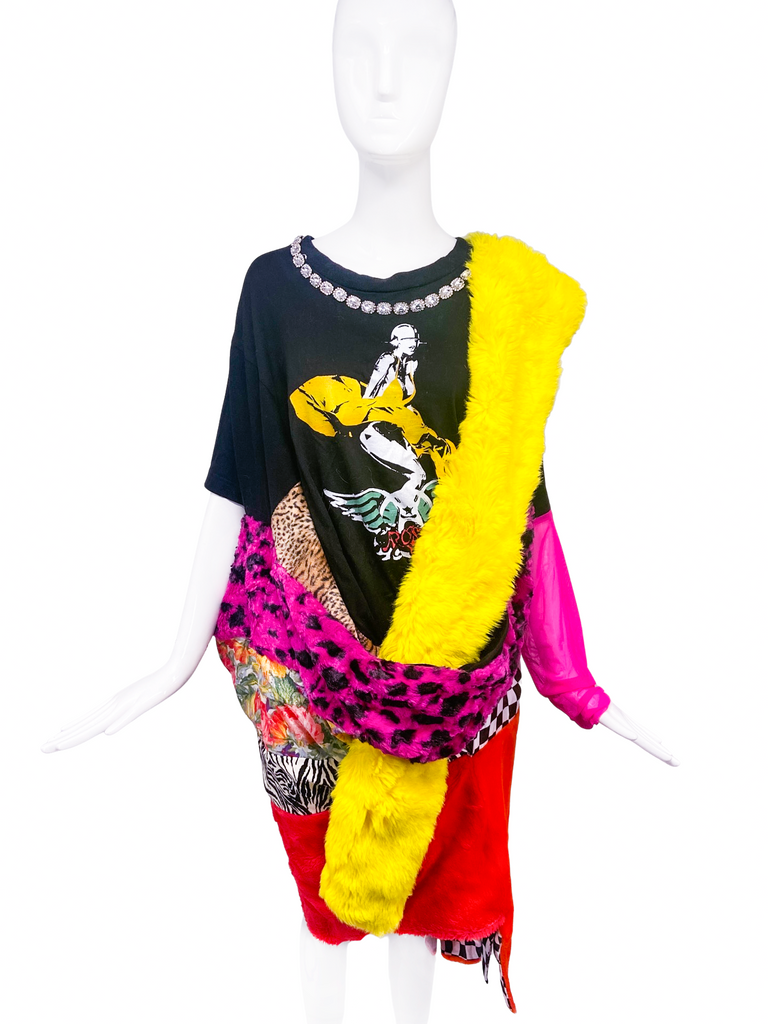 Junya Watanabe Multicolor Patchwork T-Shirt Dress with Faux Fur and Crystals Fall 2021 Runway