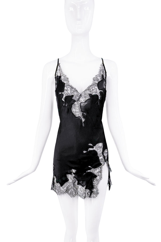 Kiki De Monteparnasse Black Silk Lace Slit Mini Slip Dress