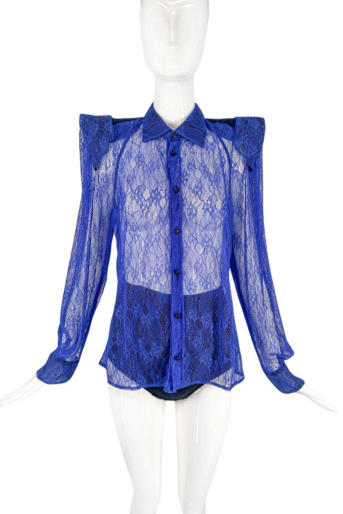 Koche Paris Blue Lace Spike Shoulder Pad Blouse Shirt