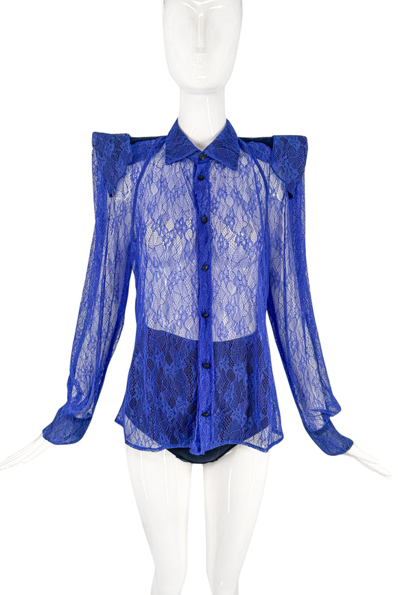 Koche Paris Blue Lace Spike Shoulder Pad Blouse Shirt