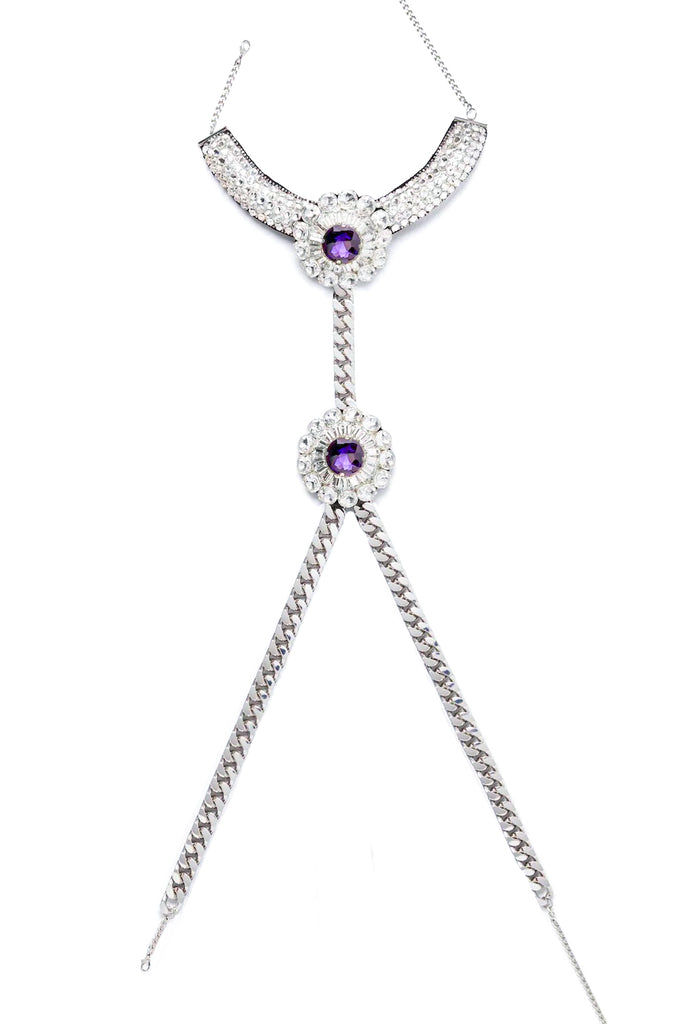 David Koma Silver Rhinestone Purple Gemstone Flower Harness