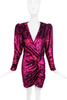 Kooples Magenta Pink Sequin Ruched V Neck Long Sleeve Dress