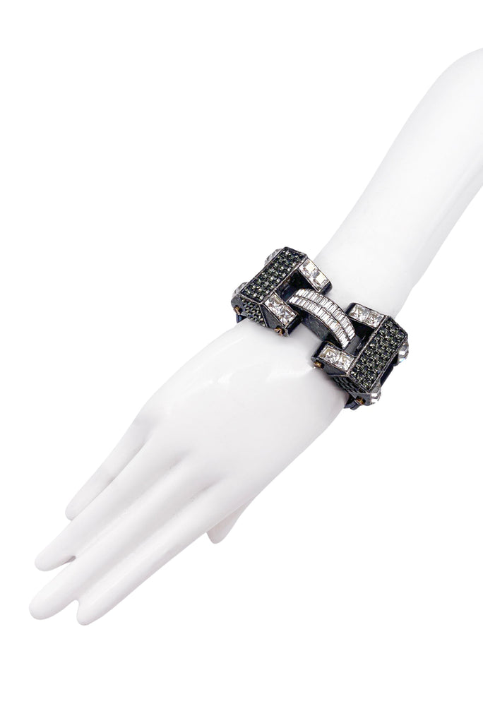 Lanvin Silver Grey Geometric Crystal Leather Cuff Bracelet Fall 2014 Runway