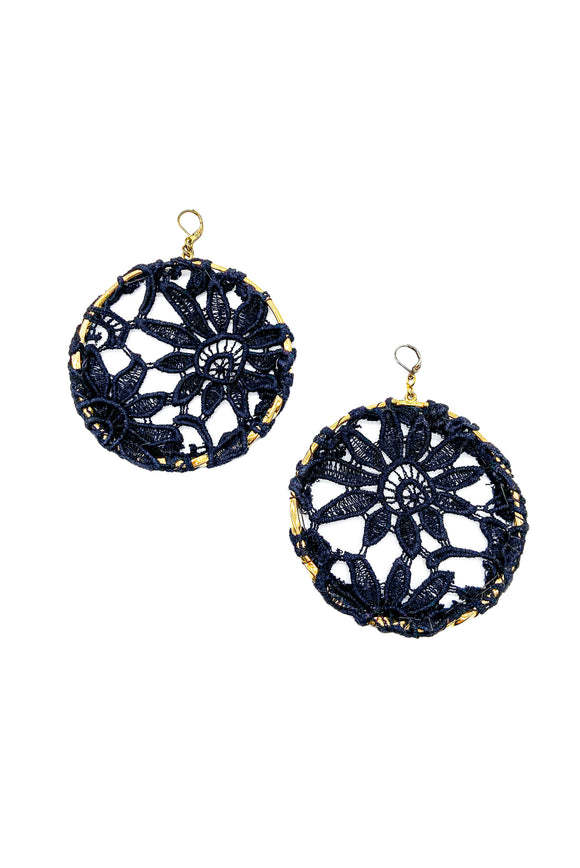 Vintage Gold Hoop Earrings with Black Floral Lace