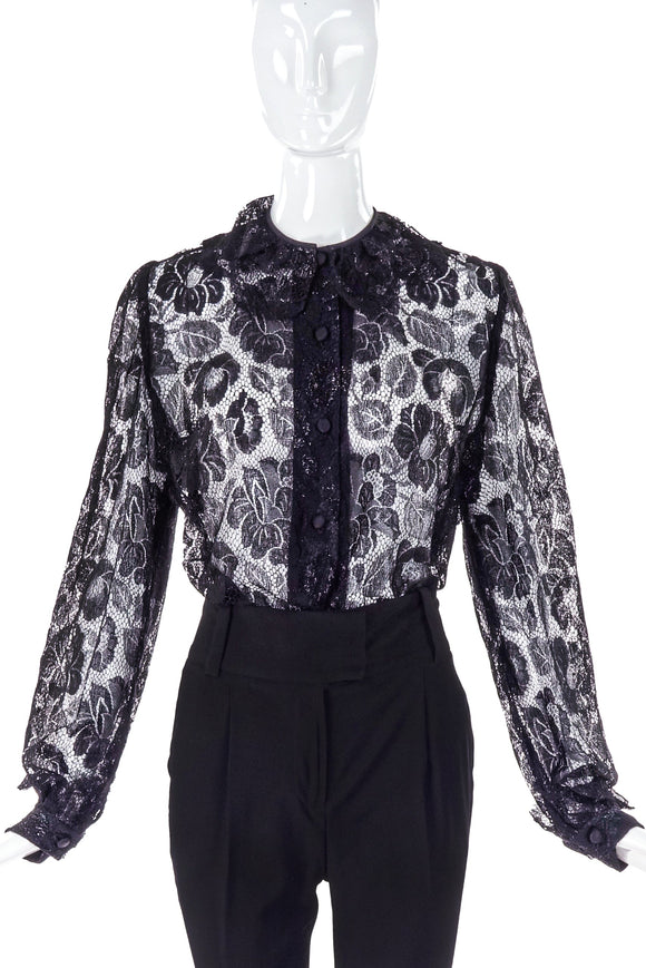 Vintage Black Italian Made Lurex Floral Lace Button-Up Blouse