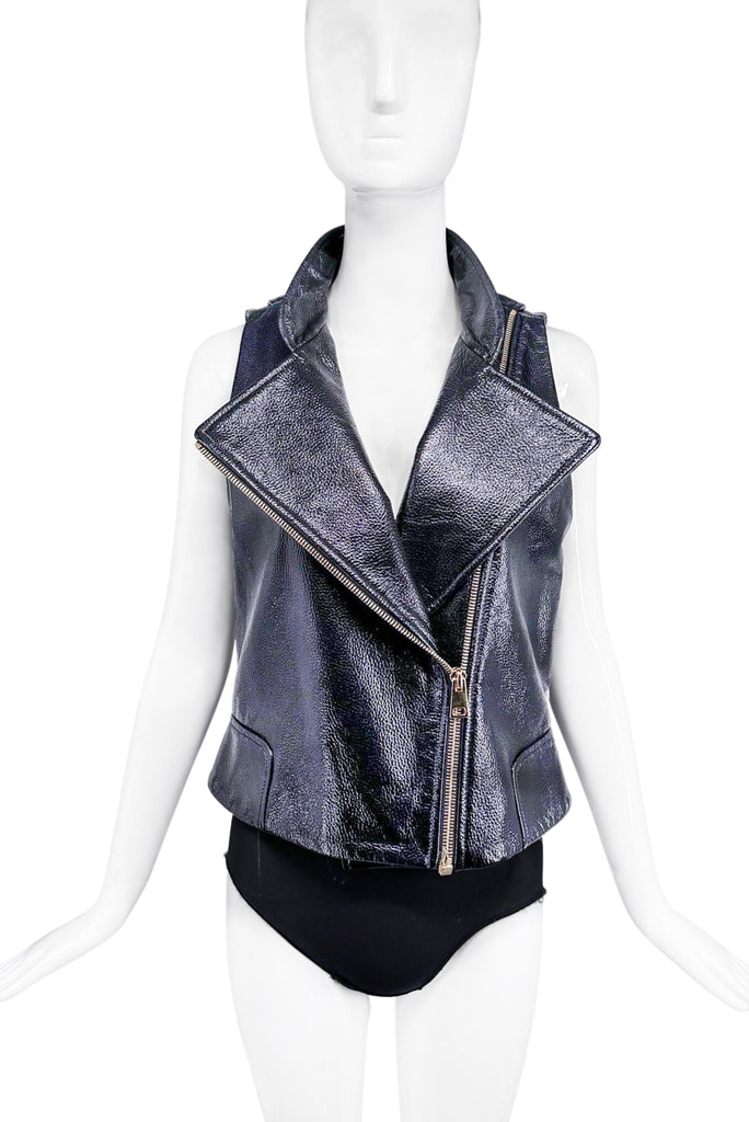 Lanvin Black Patent Leather Moto Vest with Oversize Collar FW2017