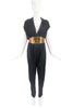 Lanvin Black Silk Jersey Draped Jumpsuit with Gold Oracle Wide Belt