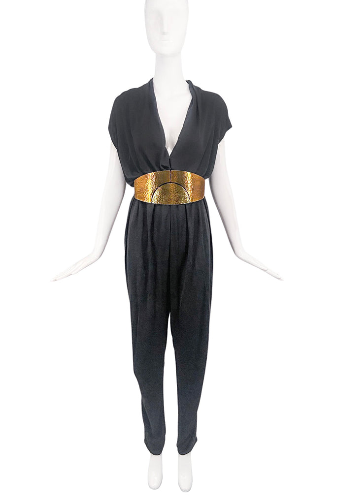 Lanvin Black Silk Jersey Draped Jumpsuit with Gold Oracle Wide Belt