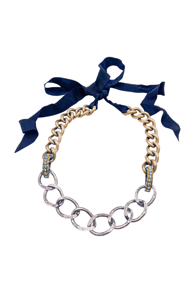 Lanvin Brass Gold and Silver Chain Necklace with Crystal Details Resort2011