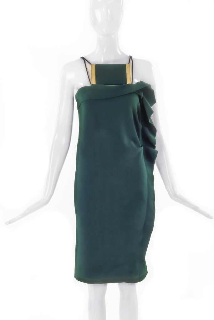 Lanvin Deep Forest Green Wool Dress with Brass Bust Detail