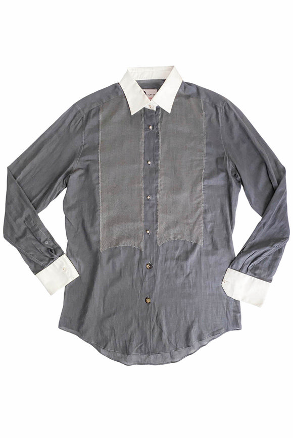 Lanvin Menswear Grey Tuxedo Shirt with Tulle Tux Details and Pearl Buttons
