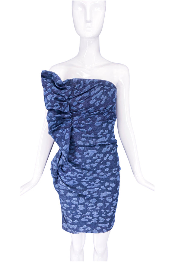 Lanvin Navy Blue Denim Strapless Leopard Print Cocktail Dress