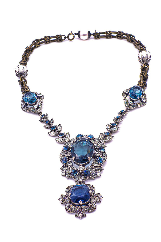 Lanvin Crystal and Sapphire Blue Costume Necklace with Geometric Crystal Pendent