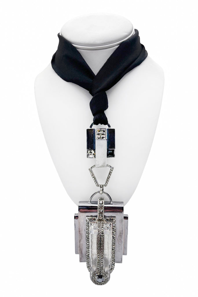 Lanvin Silver Crystal Art Deco Pendant Necklace Fall 2008