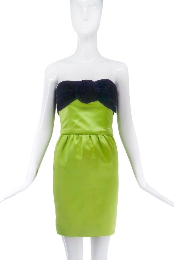 Lanvin Lime Green Vintage Satin Bustier Cocktail Dress with Velvet Trim & Flower 1980's
