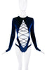 Laquan Smith Navy Blue Velvet Longsleeve Cutout Bodysuit