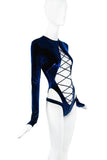 Laquan Smith Navy Blue Velvet Longsleeve Cutout Bodysuit