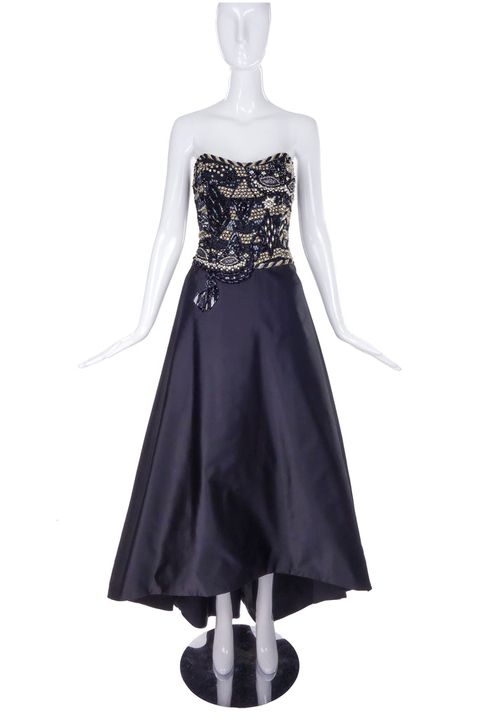 Louis Féraud Black Bead and Sequin Bustier Hi-Low Gown Dress