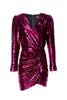 Kooples Magenta Pink Sequin Ruched V Neck Long Sleeve Dress