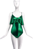 By Malene Bircher Metallic Green Ruffle Body Suit