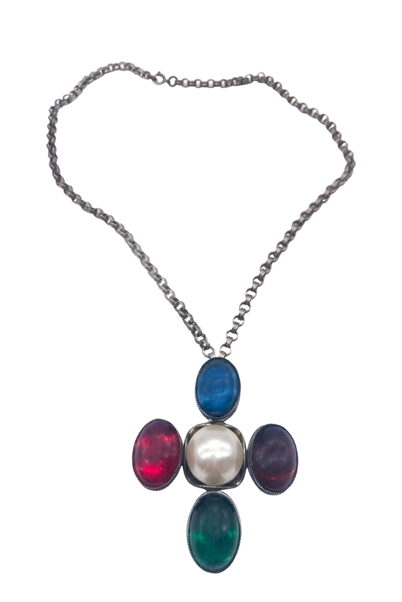 YSL Saint Laurent Red Green Blue Ruby Emerald Sapphire Pearl Gripoix Maltese Cross Pendant Necklace