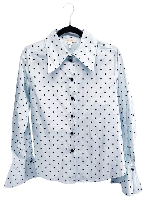 Marc Jacobs Blue & Black Polka Dot Oversize 1970's Collar with Flare Sleeve Detail Shirt