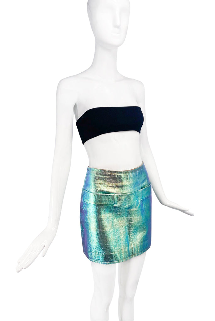 Marc Jacobs Iridescent Green Pink Leather Raver Mini Skirt