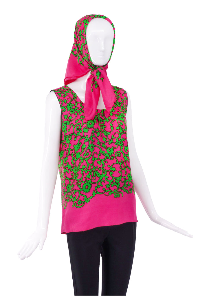 Marc Jacobs Fuchsia Pink and Lime Green Print Silk Top and Scarf FW2009