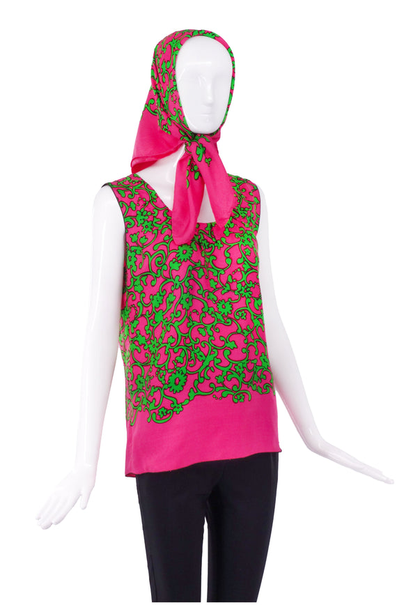 Marc Jacobs Fuchsia Pink and Lime Green Print Silk Top and Scarf FW2009