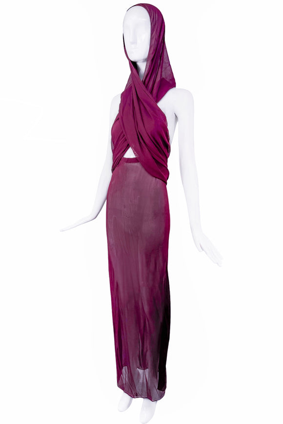Saint Laurent Maroon Sheer Hooded Cut Out Dress