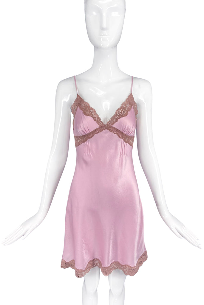 Vintage Mauve Pink Silk Slip Dress with Mocha Lace Trim #