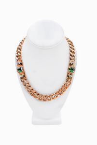 Mawi Gold Chain Necklace with Gold Bar Plates with Emerald and Stud Details