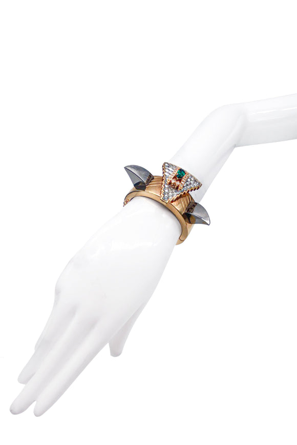 Mawi London Gold Gunmetal Claw Horn Emerald Triangle Bracelet