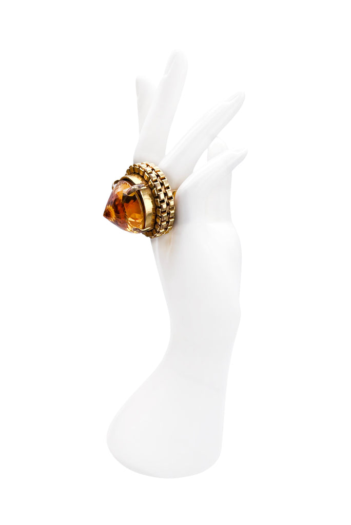Mawi Gold Topaz Orange Tone Large Crystal Ring with Biker Chain Hardware Detail