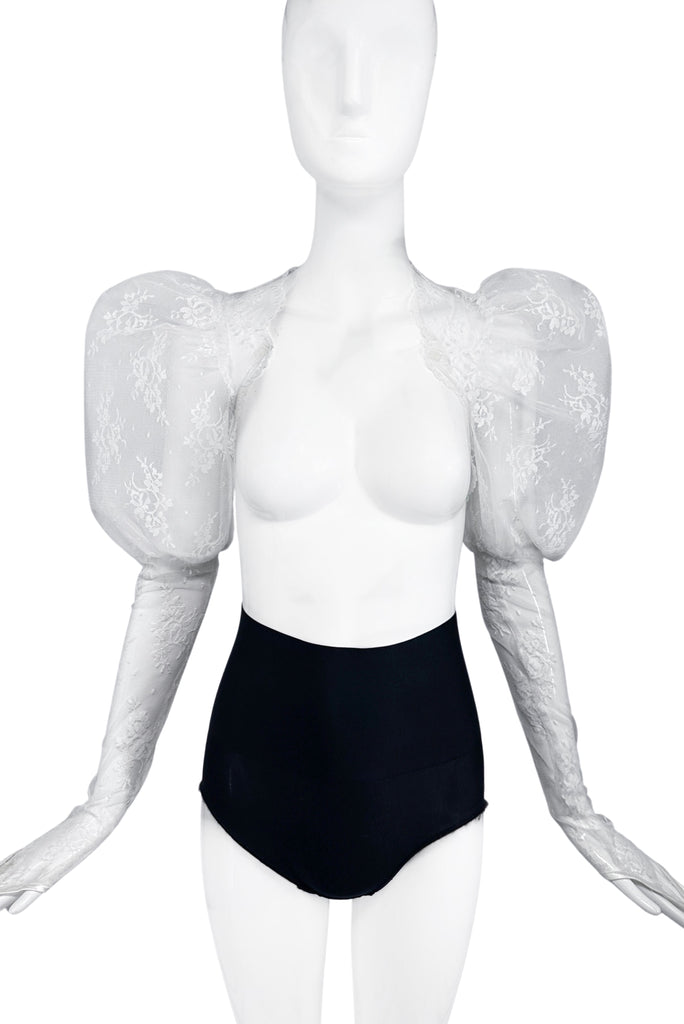 Mimi Wade White Lace Pouf Sleeve Bolero Crop Jacket with Sleeves