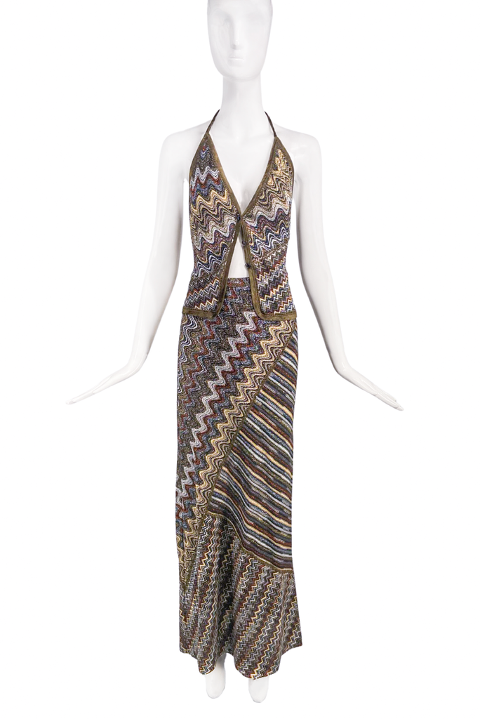 Missoni Brown Zig Zag Stripe Lurex Metallic Print Top and Skirt Set