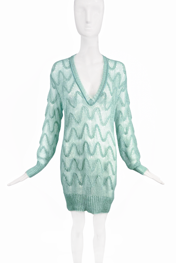 Missoni Seafoam Green Mint Loose Cable Knit Lurex Mohair Sweater