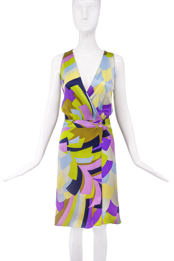 Missoni Multi-Color Geometric Retro Print Silk Wrap Disco Dress